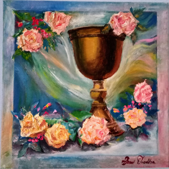 1/4. Jacsó Teodóra - Grál kehely rózsákkal - olaj, vászon 30 x 30 cm